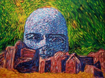 Olmec-huvud med stenar, 2022 (olja på duk)