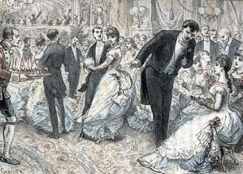 Samhälle och socialt liv: balen runt 1880 (High Society and social life: the ball) gravyr från "The Needs of Life" av Rengade
