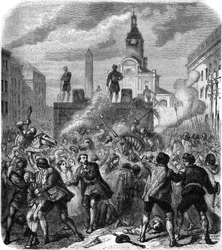 Stockholms blodbad, massakrerna på den svenska nationella motståndsrörelsens ledare på order av kung Kristian II av Danmark, 8 november 1520: armén försöker lugna ilskan hos befolkningen, som tvingas bevittna avrättningarna. Gravyr av Gerlier