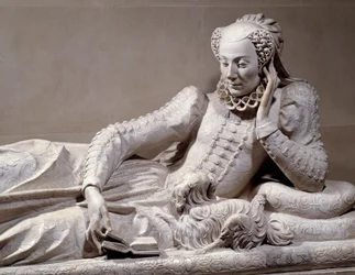 Gravmonument: Grav med avbildning av Jeanne Valentine Balbiani (1518-1572), hustru till kardinal René de Birague (1506-1583), Frankrikes kansler. Detalj. Marmorskulptur av Germain Pilon (1535-1590), omkring 1573. Paris, Musée du Louvre