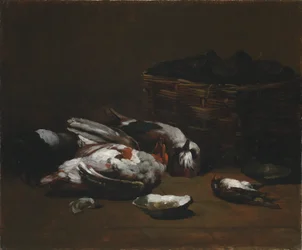 Stilleben med döda fåglar och en korg med ostron, ca 1860 - 1880 (olja på tyg)