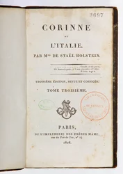 Titelsida av Corinne ou lItalie, 3:e reviderade och förstorade upplagan, 3:e volymen, Imprimerie des Freres Mame, Paris, 1808 (tryckt papper)