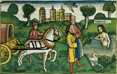2 Kungaboken 5 14 Naamans rensning, från Nürnbergbibeln (Biblia Sacra Germanaica) (färgat träsnitt)