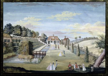 En formell vattenträdgård med terrasser, vattenparterres och paradfigurer, c.1730