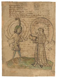 En franciskanermunk och en ung man, illustration på ett blad ur Das Spiegelbuch, på medelhögtyska, Östra Schwaben, troligen Augsburg, ca 1470-talet (bläck på papper)
