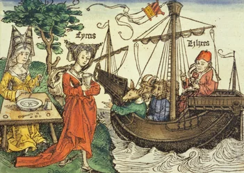 En trollkvinna, förmodligen Circe med giftbägaren och Odysseus med sina följeslagare från Nürnbergkrönikan av Hartmann Schedel (1440-1514) 1493