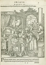 A Woman in Labour, illustration från kapitel 2, bok 1 av On the Conception and Growth of Man av Rueff, 1587
