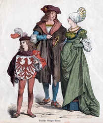 En borgerlig familj. Tyska dräkter från XVI-talet från "Munchener Bilderbogen", Tyskland, ca 1880 (gravyr)