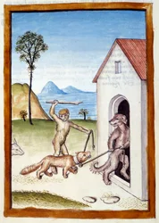 En hund och en apa tyranner en vessla. Djur avbildade i manlig ställning. Miniatyr hämtad från en tysk översättning av fablerna om "" Kalila (Calila) och Dimna" av Bidpai. Chantilly från 1400-talet, Musee Conde