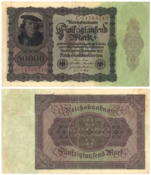 En femtiotusenmarkssedel, 1922 (recto och verso)