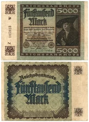 En femtusenmarkssedel, 1922 (recto och verso)