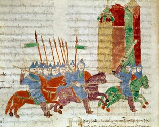 En ryttare i miniatyr från manuskriptet "De Universo" (eller De rerum naturis (De la Nature des choses)) (kod 132) av Rabanus Maurus Magnentius (eller Raban Maur eller Rabano Mauro) (ca 780-856). 9:e århundradet. Arkiv av Monte Cassino Abbey (Mount Cassin)