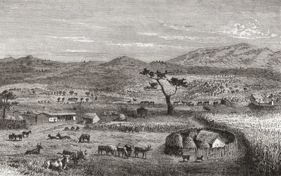 En bosættelse i Kouihara, Vestafrika, illustration fra 