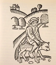 En trollkarl på en gets rygg, illustration från "Of Witches and Diviner Women" av Ulrich Molitor