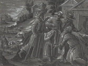 Abraham underhåller änglarna [a tergo], ca 1600 (penna och tusch)
