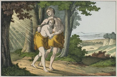 Adam och Eva fördrivna från paradiset, illustration från Lancien Testamentet, utgiven av Jakob Ferdinand Schreiber, Esslingen (färgstick)