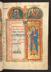 Lägg till. 60629, f.3 maj, från 12 kalendersidor i guld och färger, med arkitektoniska ramar som var och en innehåller ett stjärntecken, en apostel och ett månadsarbete (vellum)