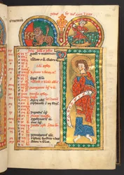 Lägg till. 60629, f.4 juli. 12 kalendersidor i guld och färger, med arkitektoniska ramar som var och en innehåller ett stjärntecken, en apostel och månadens arbete.  Psaltare. Upplyst psaltare med kalender, canticles och litanier för nunnors bruk, .