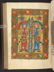 Lägg till. 60629, f.84v Två militära helgon, med andras huvuden (vellum)