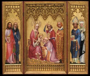 Tillbedjan av Magi, St. Severus och St. Walburga, St. James och St. Philip, c.1410 (olja och förgyllning på ekpanel)