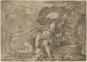 Allegorisk kvinnofigur i landskap [recto], ca 1600 (teckning med penna och bläck)