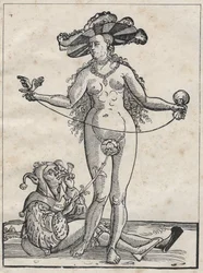 Allegori om galenskapen - allegorie de la folie (Kvinnan och dåren) Tysk gravyr från 1500-talet.
