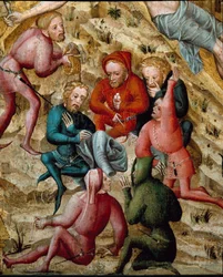 Passionens altartavla: "" Spelare av"" Målning av den fransk-tyska skolan. 1400-talets Musee des Beaux Arts Besançon