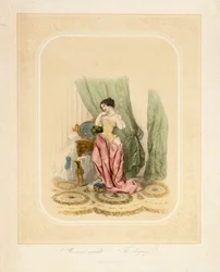 En elegant dam vid sitt sminkbord, tryckt av F. Sala & Co, Berlin, ca 1850