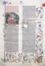 En upplyst sida som föreställer S:t Hieronymus i hans arbetsrum och en gräns med en gripen attackerad av tre män, 1470