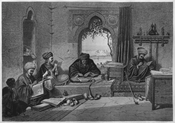 Ett kontor i Girgeh, från LEgypte av Georg Moritz Ebers (1837-98), 188 (bw gravyr)