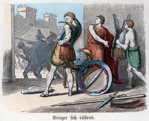 Antikens historia. Grekland. Grekiska krigare rustar sig för krig. ... (gravyr)