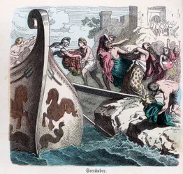 Antikens historia. Grekland. Plundring av en stad av grekiska pirater. Tysk ... (gravyr)