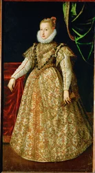 Anna Katharina Gonzaga, andra hustru till ärkehertig Ferdinand II av Tyrolen, i sin brudklänning (olja på duk)
