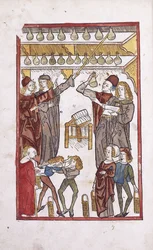 Apoteker och drycker, med två pojkar som slåss i förgrunden, 1491