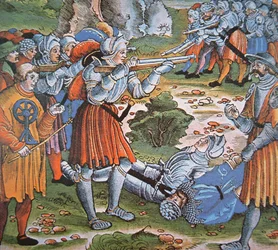 Pansarsoldater avfyrar tändstickslås Arquebus, sent 1400-tal (handfärgat träsnitt)