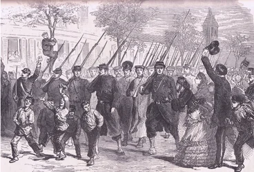 Ankomst till Paris av preussiska fångar efter slaget före Bagneun, Cassells historia om kriget mellan Frankrike och Tyskland publicerad av Cassell and Company Limited, ca 1890 (litho)