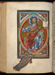 Arundel 156, f.99v, Kristus sitter på tronen i majestät i en mandorla, omgiven av evangelisternas fyra symboler, från 