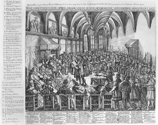 Församling av de mest lysande prinsarna av Tyskland, i biskopssalen, Augsbourg, i närvaro av Karl V (1500-58) den 25 juni 1530