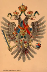 Österrike-Ungerns kejserliga vapen, utgiven av Robraki & Co., Magdeburg, ca 1865 (färgat träsnitt)