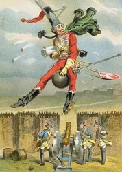 Baron Münchhausen flyger över fiendens linjer på en kanonkula, illustration från en tysk utgåva av Baron Münchhausens äventyr