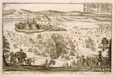 Slaget nära staden Levice 1664, illustration från en bok om de osmanska kampanjerna i Europa, graverad av Paul Furst (ca 1605-66)