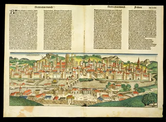 Fågelperspektiv över Ratisbon, från Nürnbergkrönikan av Hartmann Schedel (1440-1514) 1493