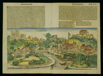 Fågelperspektiv över Salzburg från Nürnbergkrönikan av Hartmann Schedel (1440-1514) 1493