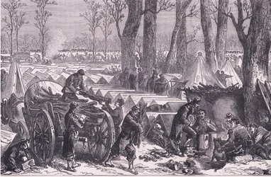 Bivack av General Du Croys trupper i skogen i Vincennes, Cassells History of the War between France and Germany publicerad av Cassell and Company Limited, c.1890 (litho)