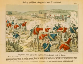 Boer beslagtar ett pansrat engelskt tåg under andra boerkriget, nära Maseking, 14 oktober 1899, publicerat av C. Burckhardts Nachf, Weissenburg, 1899