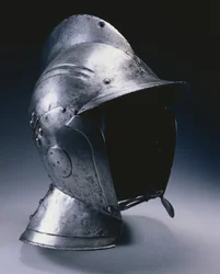 Burgonet med gångjärnsförsedda kindbitar, c.1540 (stål med läderhakband)