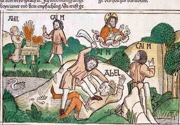 Kain och Abel, scen i Nürnbergbibeln skriven på tyska (tryck)