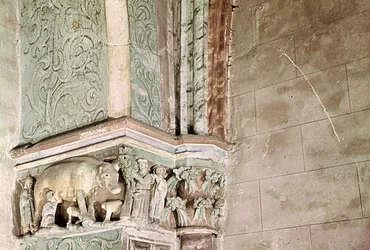 Kapital föreställande Judensau, ca 1301-25 (sten)