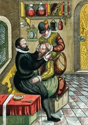 Kataraktoperation, från Ophthalmodouleia av Georg Bartisch (1535-1636) publicerad i Dresden 1583 (träblock i färg)