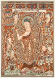 Grottmålning som visar dyrkan av Buddha Simha, pub. C1913.